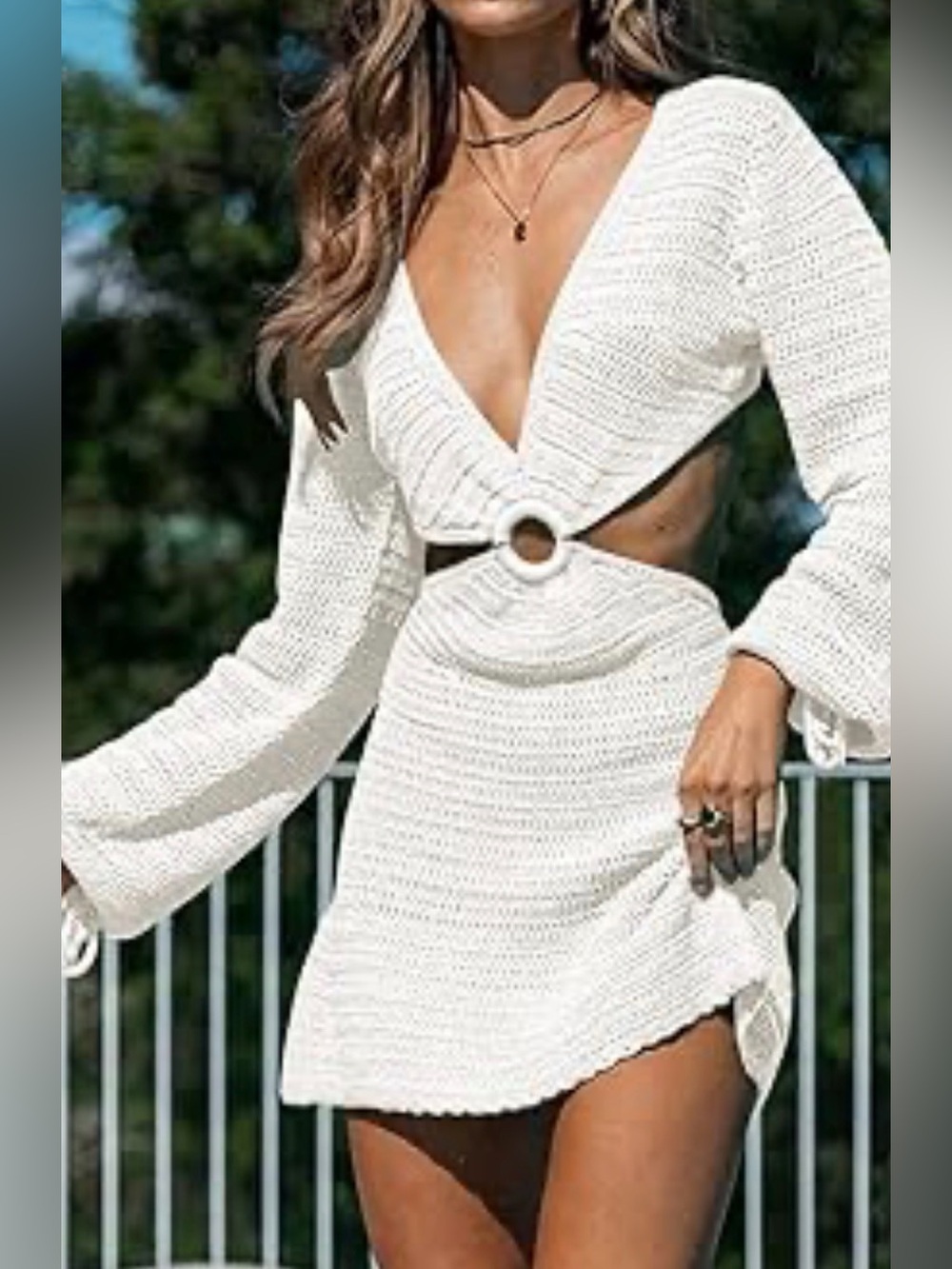 Forever 21 Cream O-Ring Cutout Crochet Knit Mini Dress Long Sleeve Sz Med NWOT!